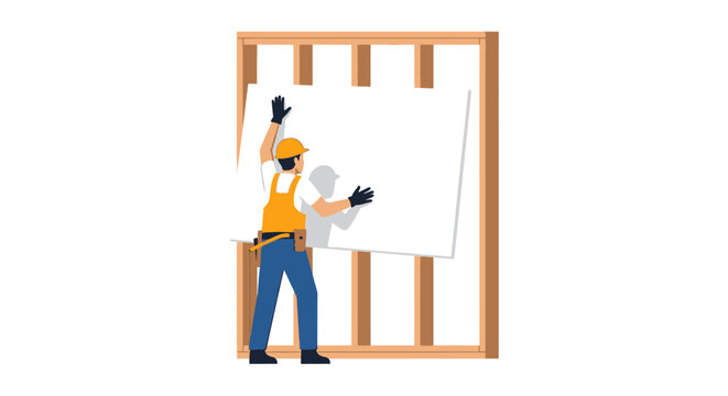 Construction Worker Installing Drywall Sheet on Wooden Stud Wall Frame Vector Illustration. Professional Builder Performing Interior Renovation and Home Improvement Task.