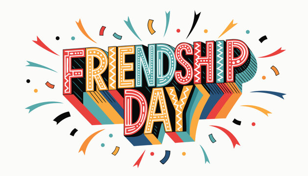 Colorful friendship day typography illustration with fun confetti and decorative elements