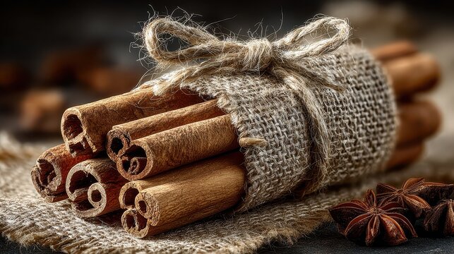Bundled cinnamon sticks with star anise on textured fabric background for aromatic spice flavo
