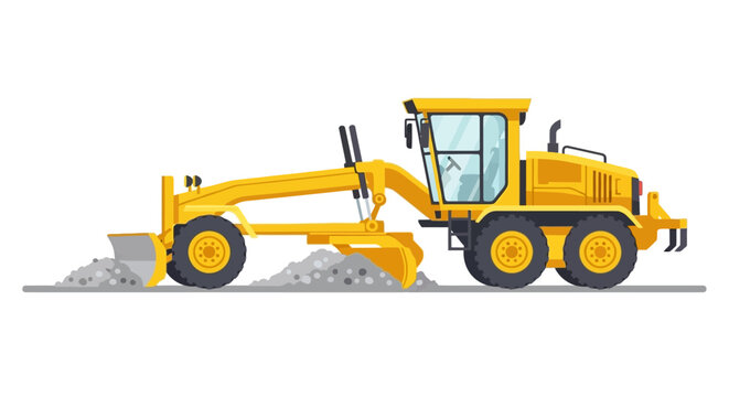 Industrial Motor Grader Machine for Road Construction and Earthmoving Vector Illustration Isolated on White