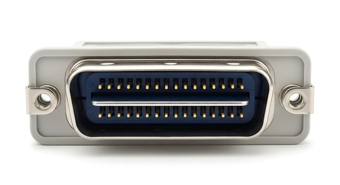 Close up of a silver d sub 50 pin parallel port connector on a clean white background