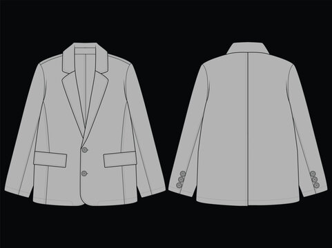 Men Danim Blazer Technical Flat Sketch Front and Back View Vector Template