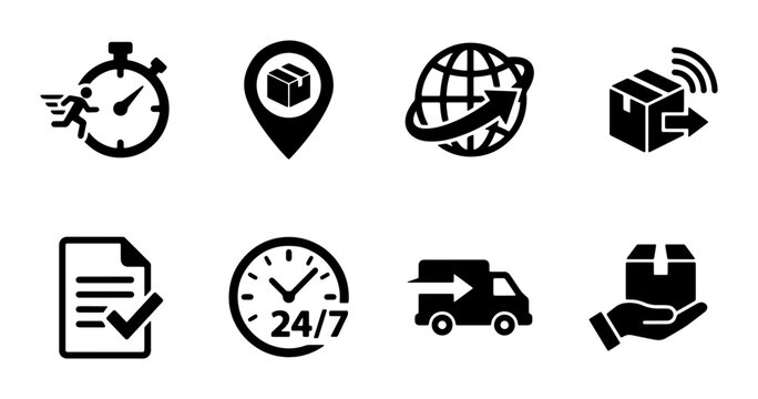 Logistics and Delivery Icons Set: Fast Shipping, Global Tracking, Courier Service, Order Fulfillment, 24/7 Availability, Package Handling, Modern Vector Graphics