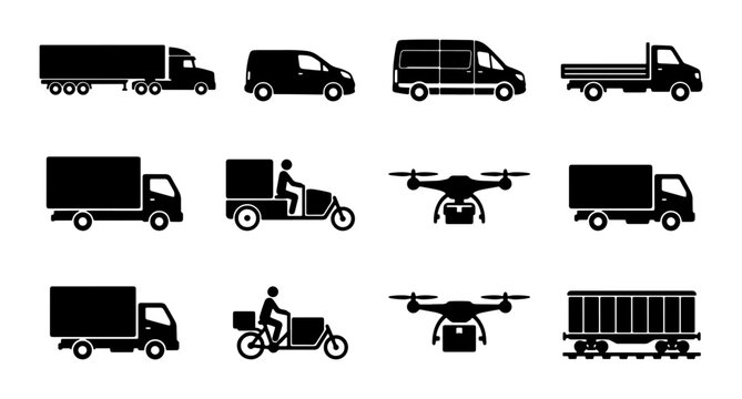 Delivery Vehicle Icons Set: Trucks, Vans, Drones, and Cargo Train Vector Graphics for Logistics and Shipping Concepts