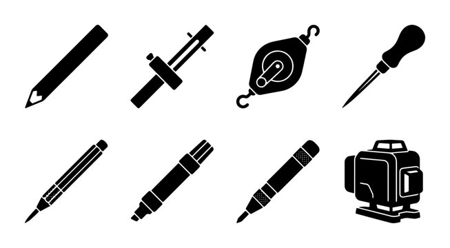 Construction Marking Tools Vector Icons Set: Pencil, Awl, Chalk Line Reel, Scribe, Marker Pens, Laser Level for DIY and Professional Projects