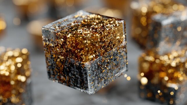 Abstract 3d render of floating gold cubes with digital code, luxury tech and data, professional graphic resource, sharp focus, 8k quality render res