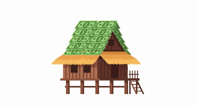 Illustrated tropical hut with green currency themed roof design.