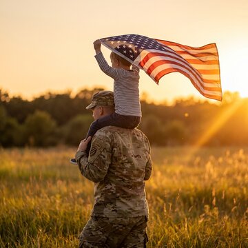 Proud veteran father holding child with waving us flag in sunny grass field.