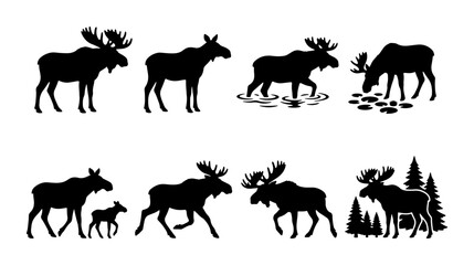 Fototapeta premium Moose Silhouette Vector Icons, Wildlife Animal Graphics, Forest Nature Elements, Black and White Mammal Illustrations