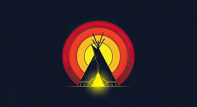 Teepee silhouette against red sunset circular logo.
