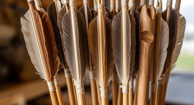 Close up of traditional feathered arrows in a wooden quiver