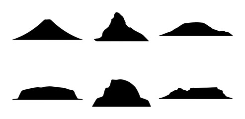 Set of Six Black Mountain Silhouettes, Diverse Peak Shapes, Vector Graphics for Landscape Design, Nature Icons, and Outdoor Themes © Mouri