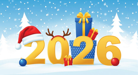 Happy new year 2026 winter holiday festive card featuring gold numbers with santa claus hat reindeer antlers and gift boxes in snowy landscape with pine trees. © DHS