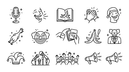 Fototapeta premium Comedy Icons Set: Microphone, Laughing Face, Banana Peel, Clapping Hands, Joke Cards, Clown
