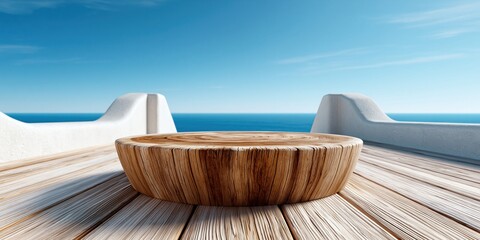 Obraz premium Coastal presentation stage with wooden base