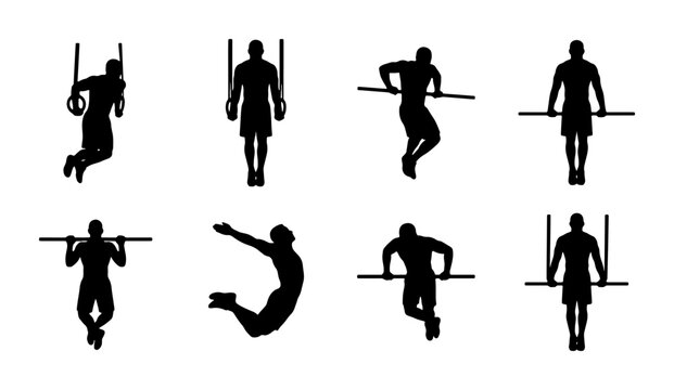 Gymnastics Silhouette Icons, Athletic Poses Set, Fitness Training Vector Collection, Sports Workout Figures