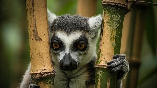 A close-up of a ring-tailed lemur peeking through bamboo stalks.
