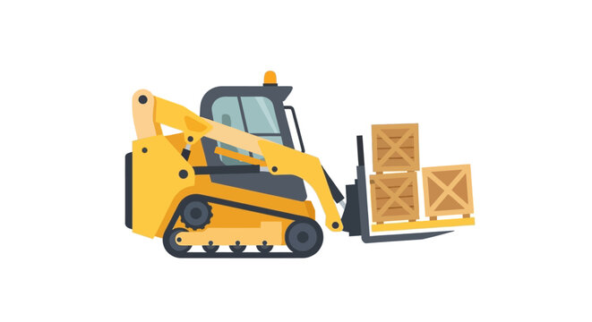 Yellow Compact Track Skid Steer Loader with Pallet Fork and Wooden Crates Flat Vector Illustration Isolated on White Background
