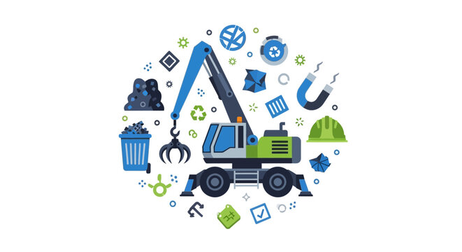 Industrial Waste Management and Recycling Concept Illustration with Material Handler Crane and Scrap Metal Icons