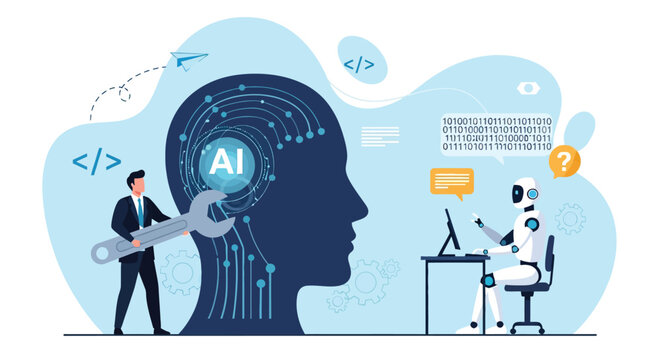 Artificial intelligence concept with robot and human engineer working on brain network analyzing data and information machine learning development futuristic technology innovation.