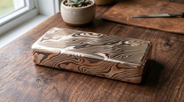 Elegant Mokume Gane metal box with wood grain pattern on wooden table