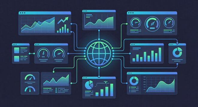 Digital dashboard interface with glowing blue and green graphs gauges and data visualizations connected to a central globe for global network