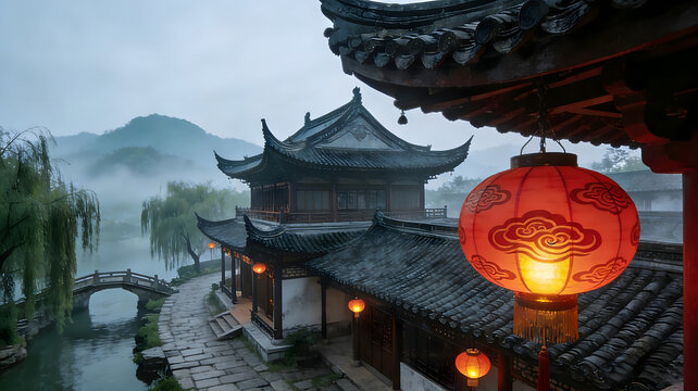 Traditional Chinese pavilion with red lanterns in misty water town