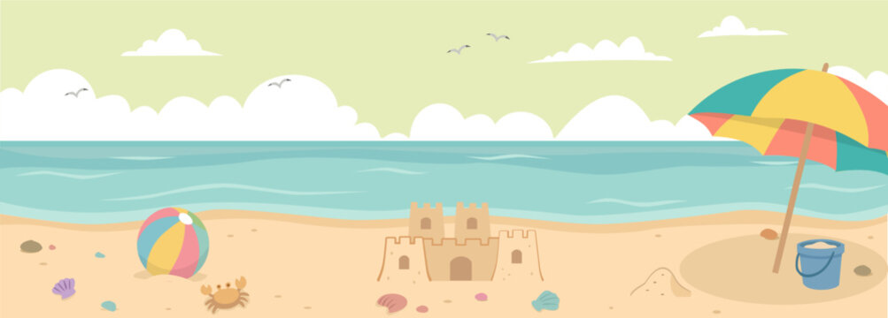 Panoramic vector illustration of a cartoon beach with a sandcastle, umbrella, beach ball, and bucket on the sand by the sea under a cloudy sky.