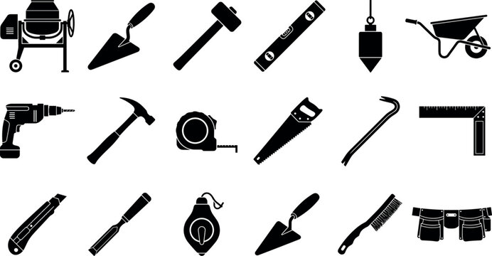 Construction tools and building equipment solid black icon set including concrete mixer hammer saw drill and wheelbarrow isolated on whiteConstruction tools and building equipment solid black icon set