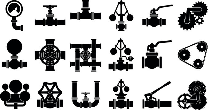 Industrial Plumbing and Mechanical Pipeline Silhouette Icon Set Featuring Valves Pressure Gauges Pipes and Machinery GearsIndustrial Plumbing and Mechanical Pipeline Silhouette Icon Set Featuring Valv