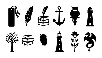 Naklejka premium Set of Fantasy and Literature Themed Icons Featuring Books Owls and Lighthouses