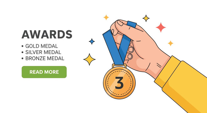 Hand holding bronze medal for award ceremony ranking illustration for victory and winning success concept with read more button on clean white background flat.