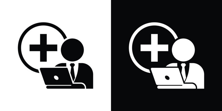 Male office worker at laptop with plus symbol icon. Vector graphic representing remote hiring, adding digital team members, or new online business account registration.
