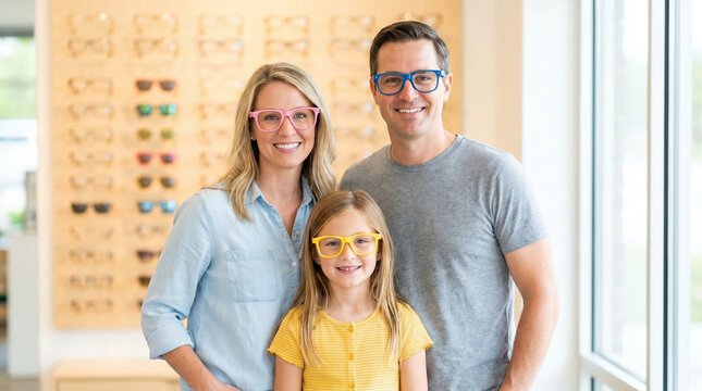 A happy family poses together in an eyewear store, showcasing colorful glasses. Bright atmosphere and cheerful expressions.