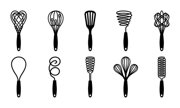 Collection of Ten Different Kitchen Utensils for Whisking and Cooking Food Preparation