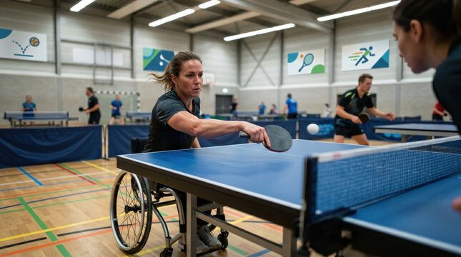 Para table tennis player strikes the ball during practice, illustrating inclusive athletics, precision and active performance.