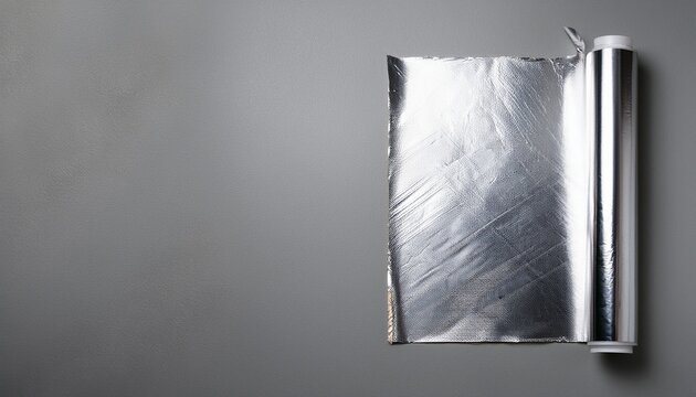 roll of aluminum foil on gray background flat lay top view food foil for cooking kitchen packaging materials space for text