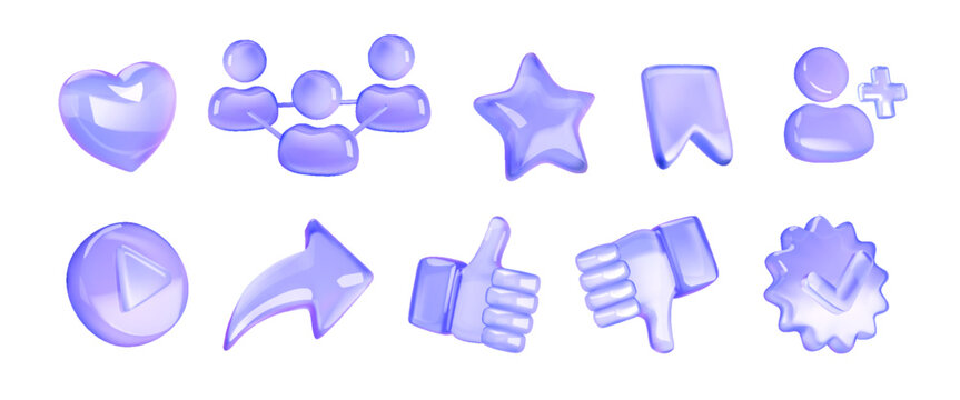 Collection of glassstyle icons in soft blue. Includes heart, group, star, bookmark, play, arrow, thumbs up and down, person, and badge. Perfect for modern interfaces.
