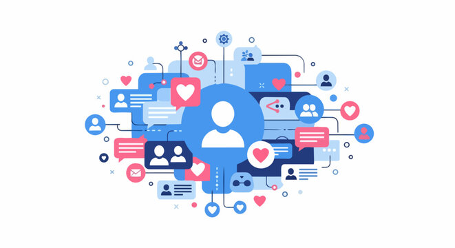 Modern Social Media Networking Illustration with People Icons, Chat Bubbles, and Engagement Symbols for Digital Marketing and Online Community Connectivity