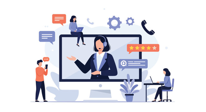 Virtual customer support and online assistance center with female consultant on computer screen helping diverse users through digital chat and telephone.