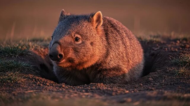 Wombat emerging from burrow at sunset during golden hour.