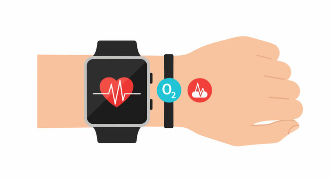 Smartwatch on Wrist with Health Monitoring Icons for Heart Rate, ECG, and Oxygen Saturation (O2) Levels - Fitness Tracker Vector Illustration