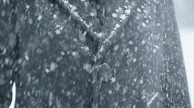 Close-up of snowflakes falling on a dark coat fabric during winter.