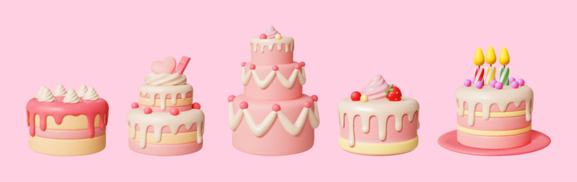 Five cartoon cakes in pastel colors displayed on a pink background. Each cake has unique decorations like icing and fruits. Ideal for party and celebration themes.