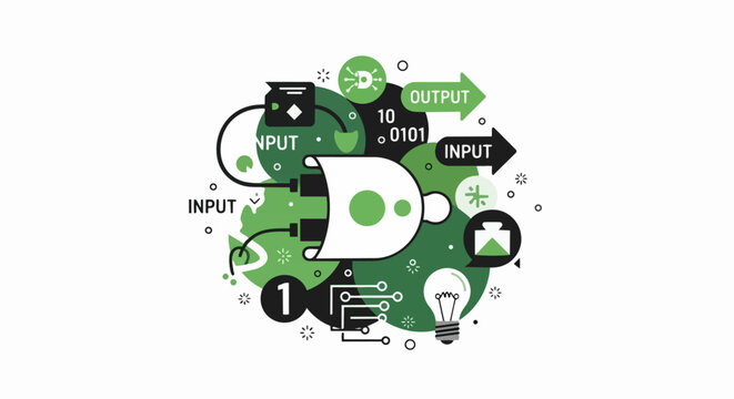 Conceptual Illustration of Digital Data Processing, Logic Gates, and Software Development with Binary Code and Technology Icons