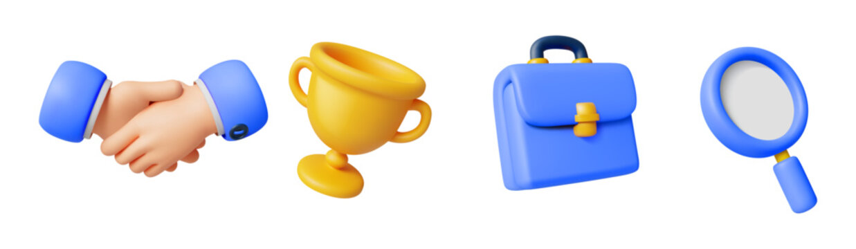 Vibrant 3D illustration of handshake, trophy, briefcase, and magnifying glass icons. Symbols of business and success in dynamic blue and yellow shades.