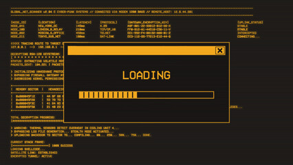 Obraz premium Realistic monochrome amber CRT monitor with horizontal scanlines. Yellow color window with process progress bar for loading and hacking. 80-s hacking UI program on computer with code and ASCII.