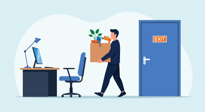 Resignation concept, sad businessman holding personal belongings box leaving office, employee quitting job, dismissal, vector illustration.