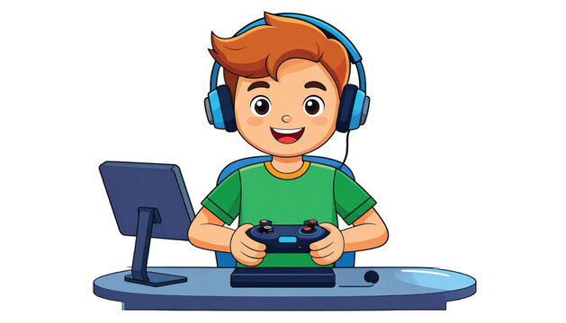 Boy playing video games with headset.
