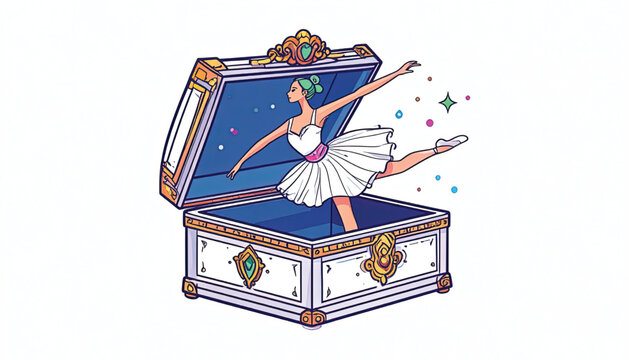 Ballerina in white tutu emerges box.